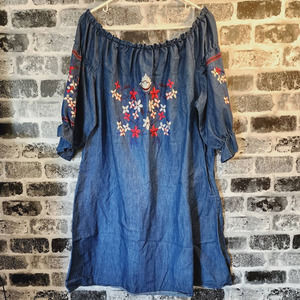 J Gee Wide Neck Embroidery off shoulder swing Tunic Dress Plus Size 3X